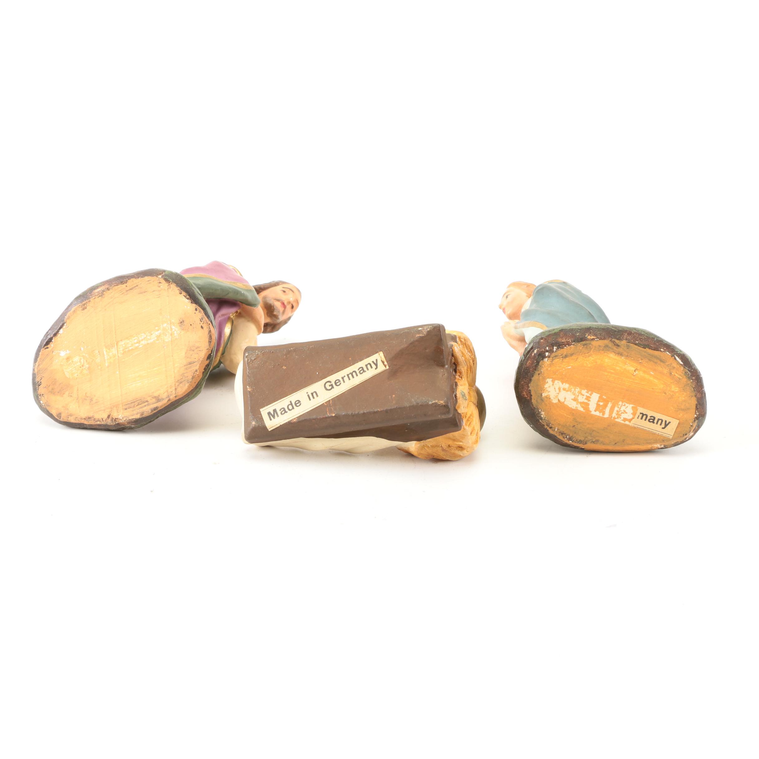 German Made Ceramic Nativity Scene Figurines with Wooden Barn