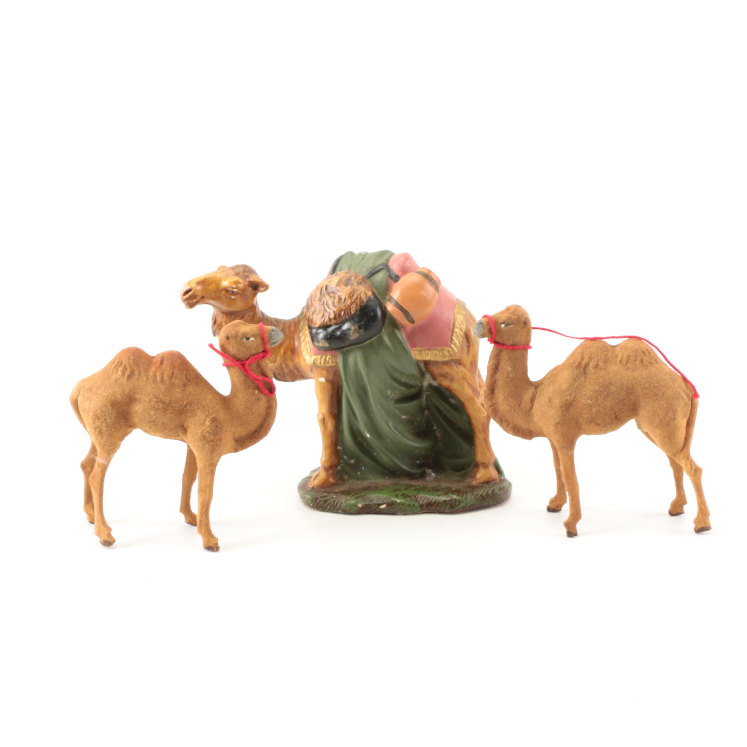 German Made Ceramic Nativity Scene Figurines with Wooden Barn