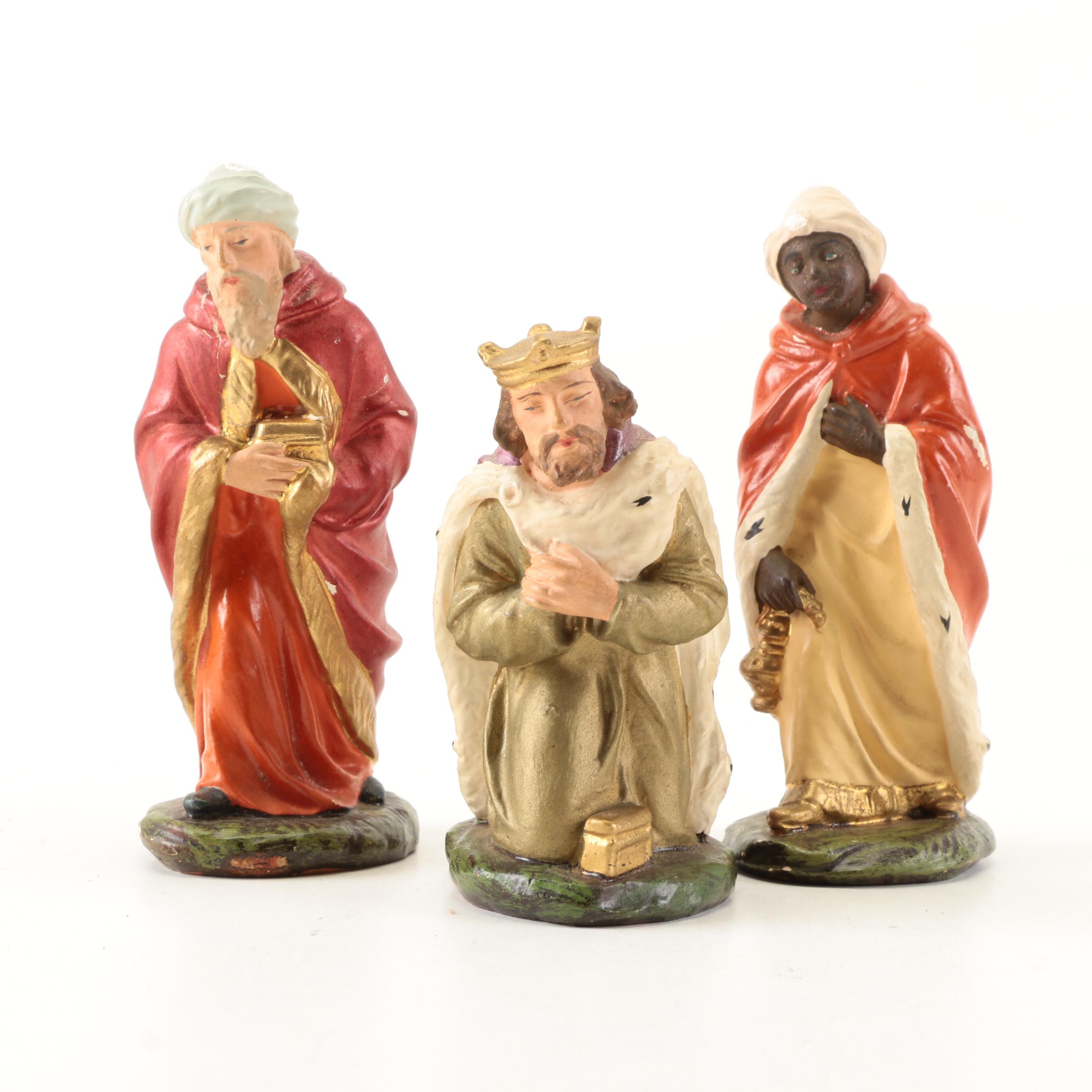 German Made Ceramic Nativity Scene Figurines with Wooden Barn