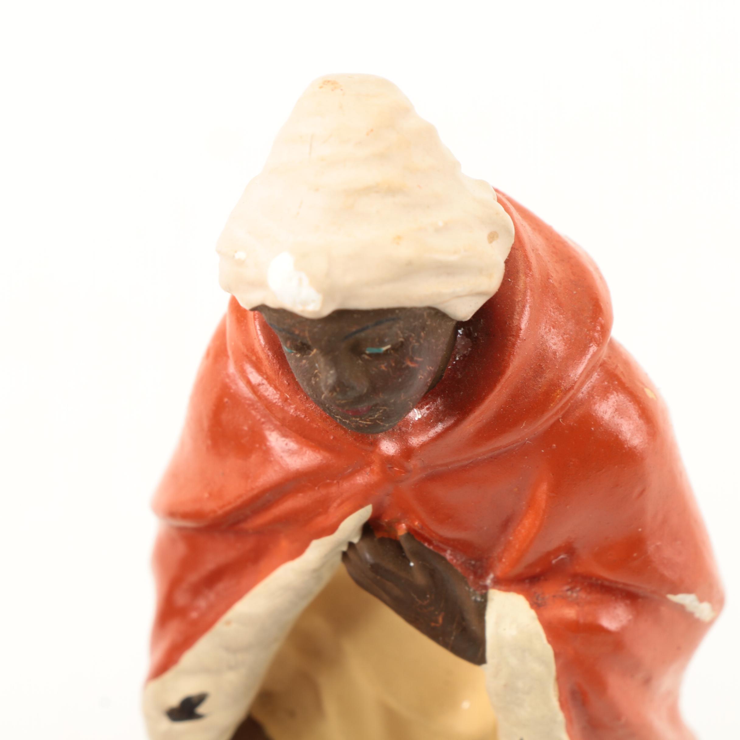 German Made Ceramic Nativity Scene Figurines with Wooden Barn