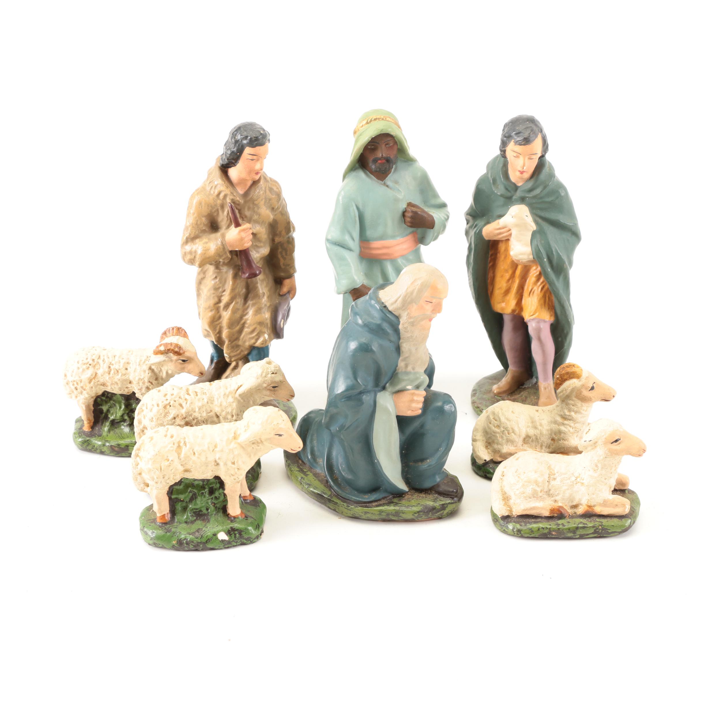 German Made Ceramic Nativity Scene Figurines with Wooden Barn