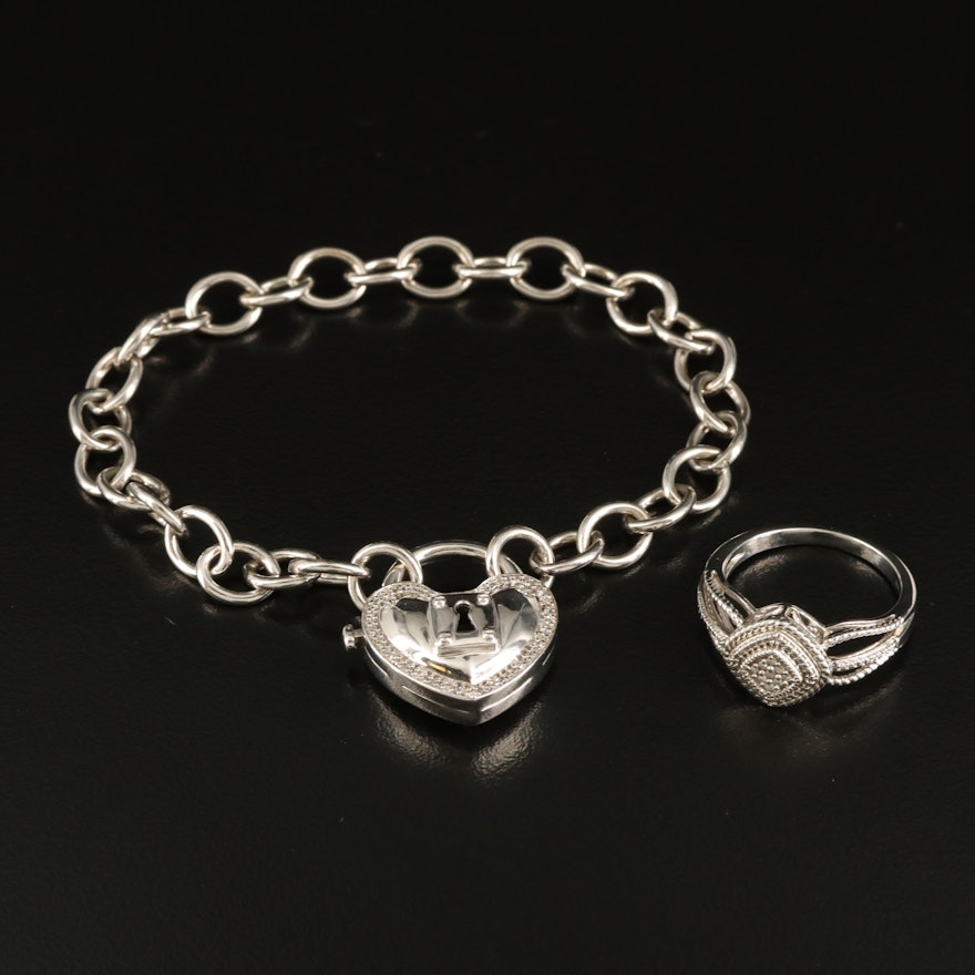 Sterling Diamond Heart Lock Bracelet and Split Shank Ring