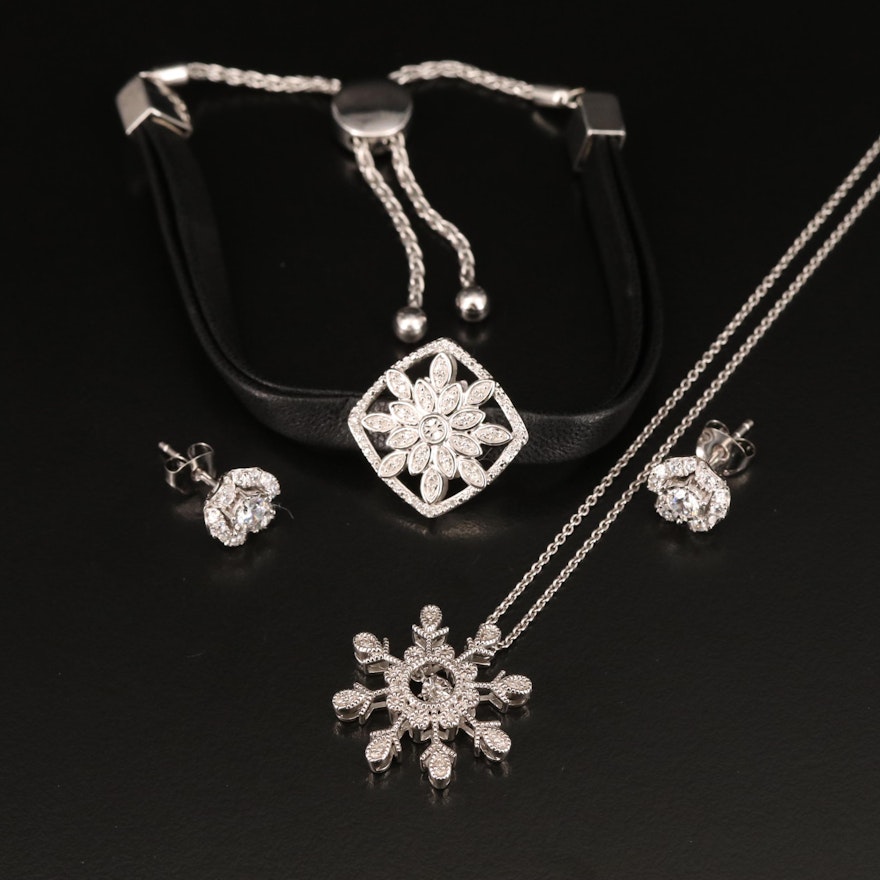 Sterling Silver Diamond and Cubic Zirconia Earrings, Necklace and Bracelet