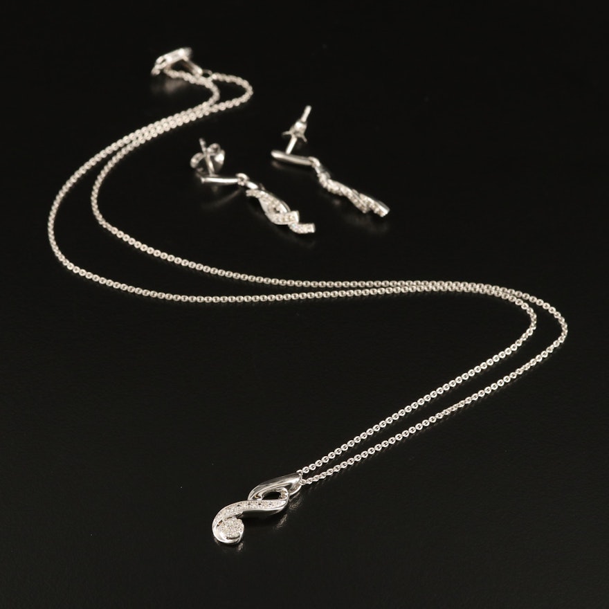 Sterling Crossover Diamond Necklace and Earrings