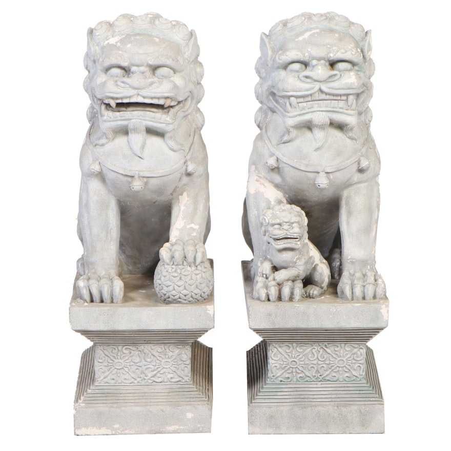 Pair of Faux Stone Cast Plaster Guardian Lions