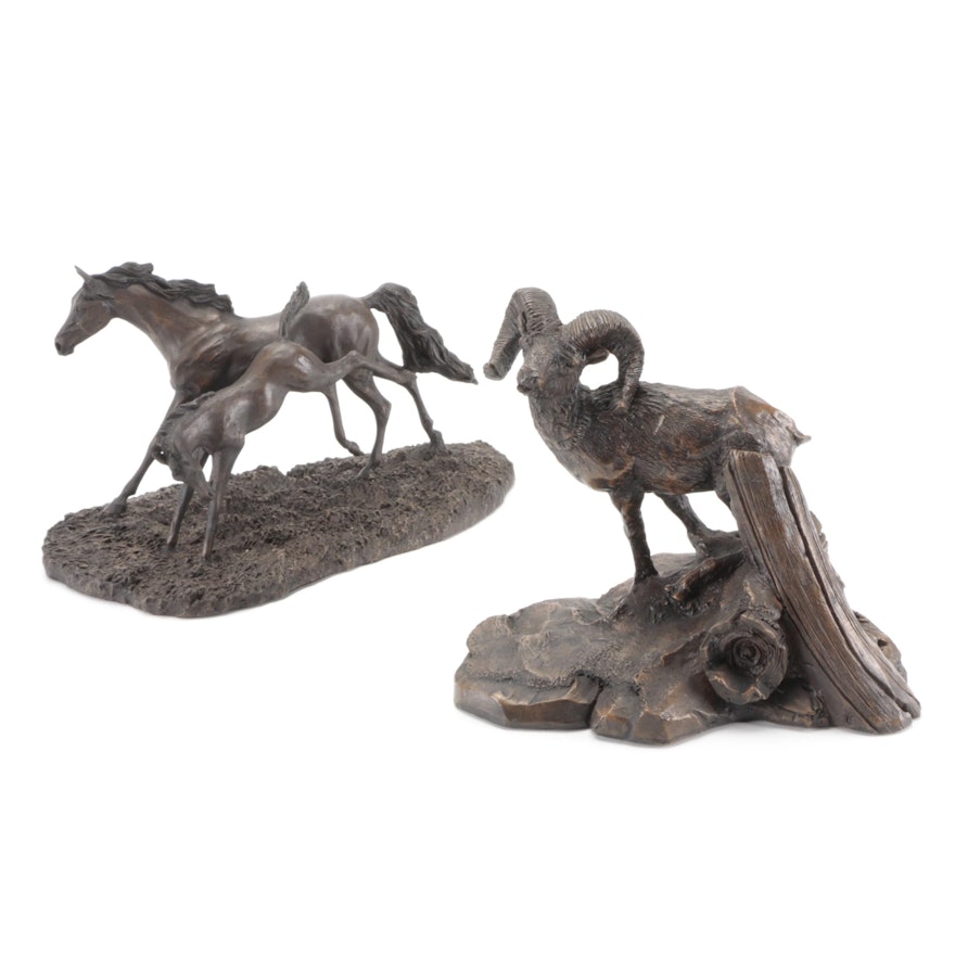The Franklin Mint "Foaling Time" and "Mountain Sentinel" Bronze Figurines