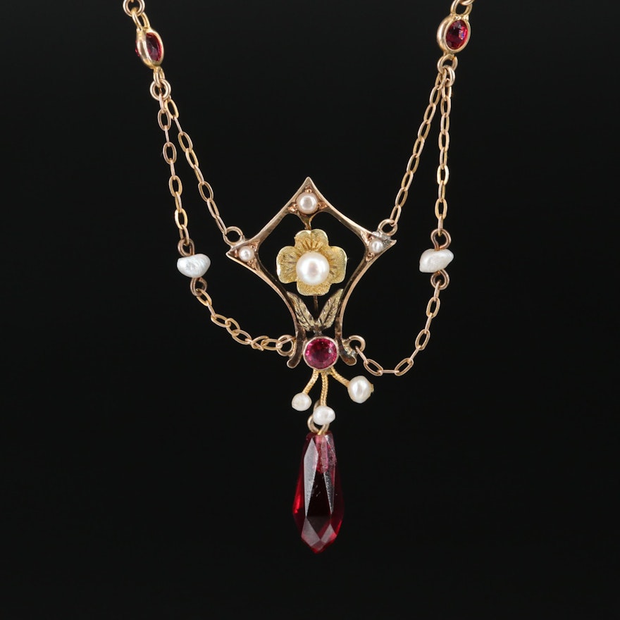 Art Nouveau 10K Gold Pearl and Faceted Glass Festoon Necklace