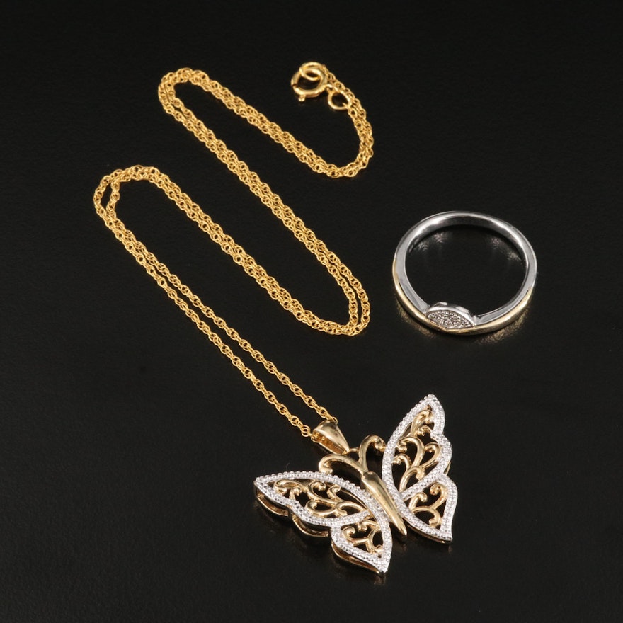 Sterling Diamond Butterfly Pendant on Gold-Filled Necklace with Ring