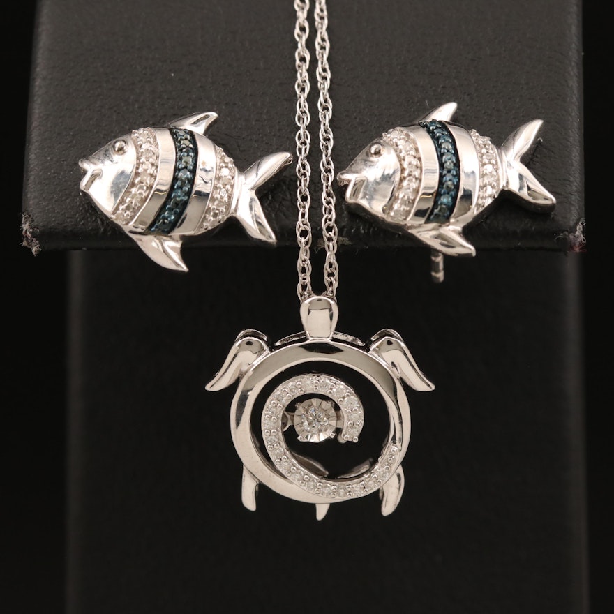 Sterling Diamond Fish Earrings and Articulated Turtle Pendant Necklace