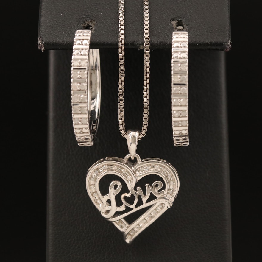 Sterling Silver Diamond Heart Pendant Necklace with Hoop Earrings