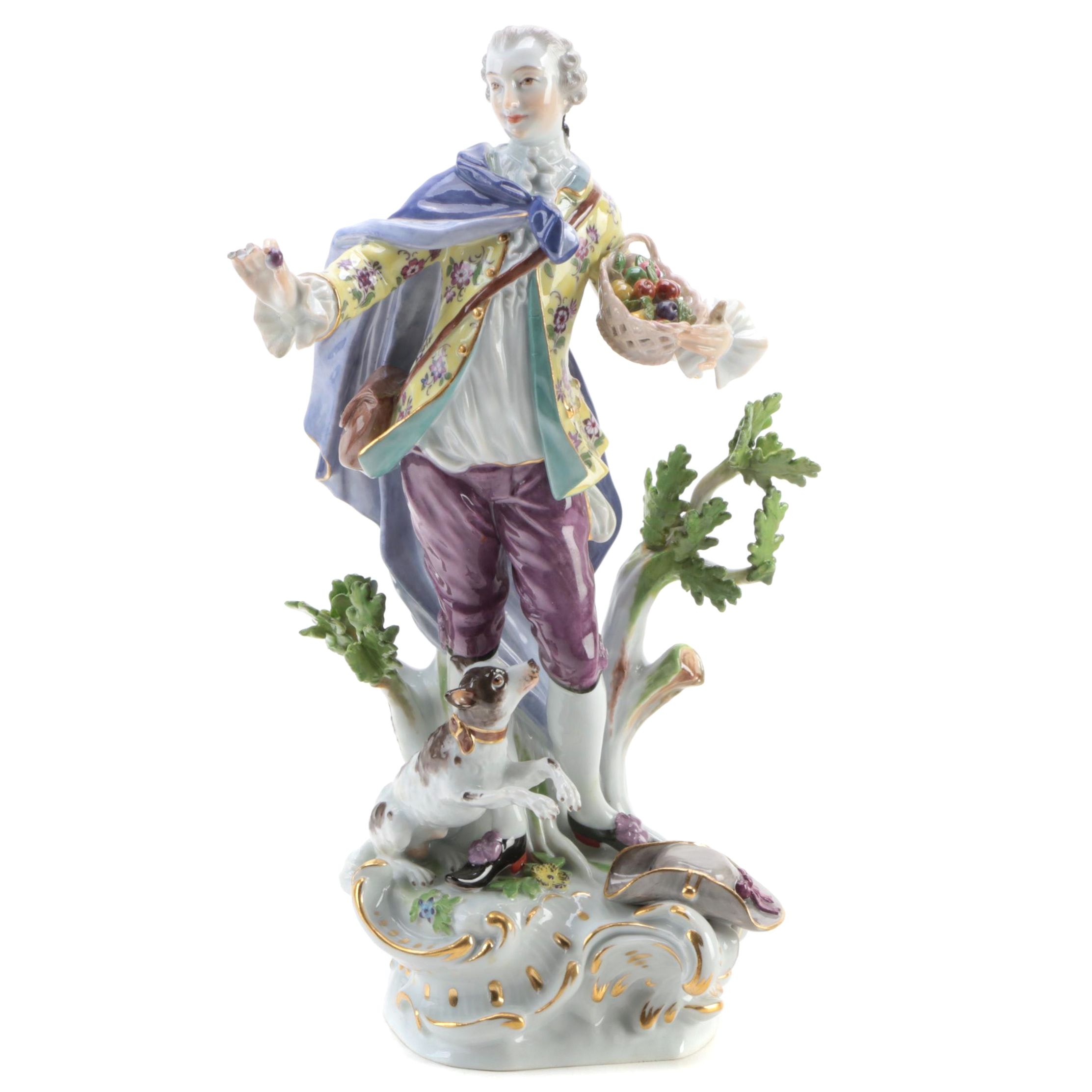 Meissen German Porcelain Figurine of Man and Dog, Early 20th Century