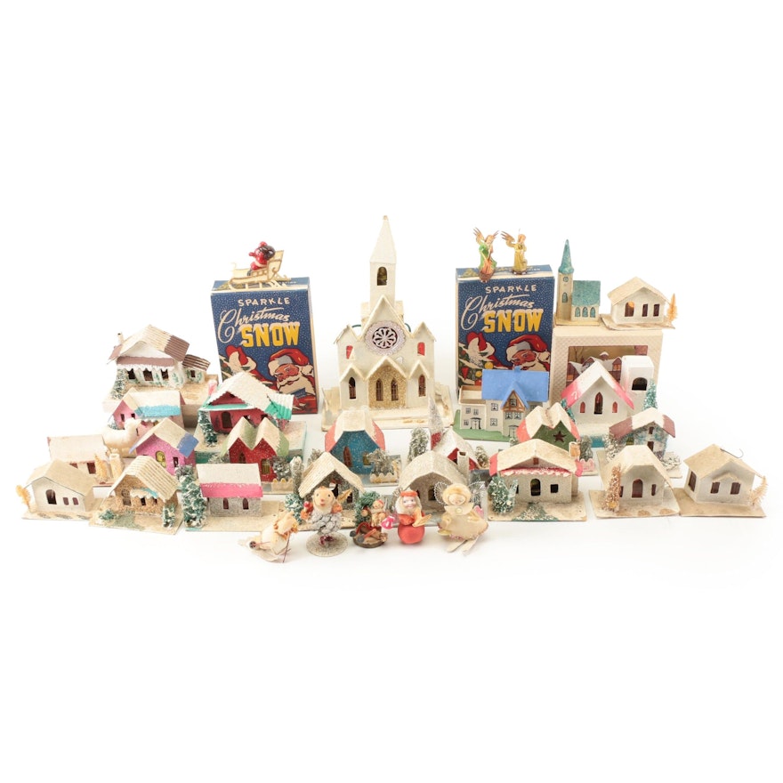 Japanese Plaster Christmas Village Pieces with Other Decorations