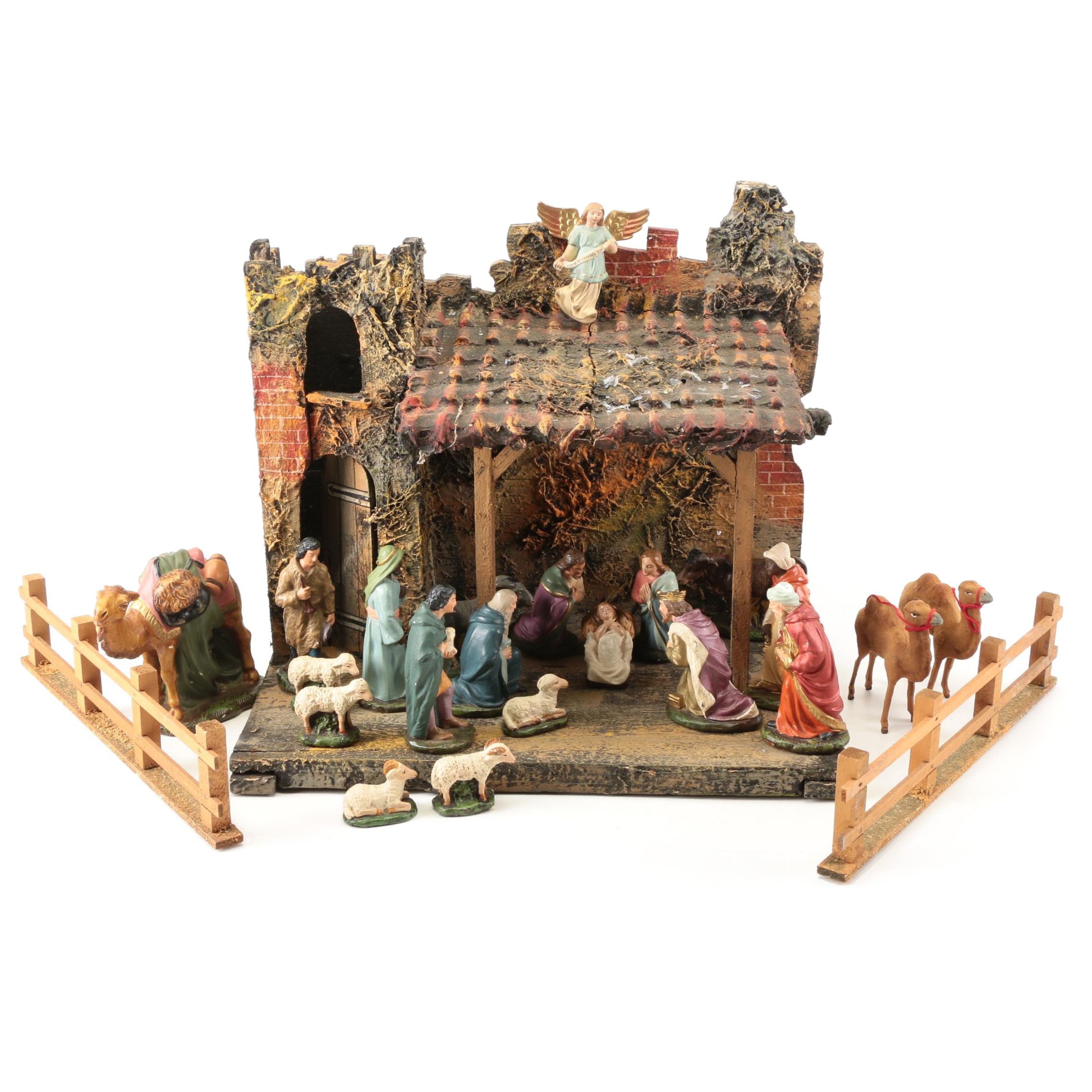 German Made Ceramic Nativity Scene Figurines with Wooden Barn