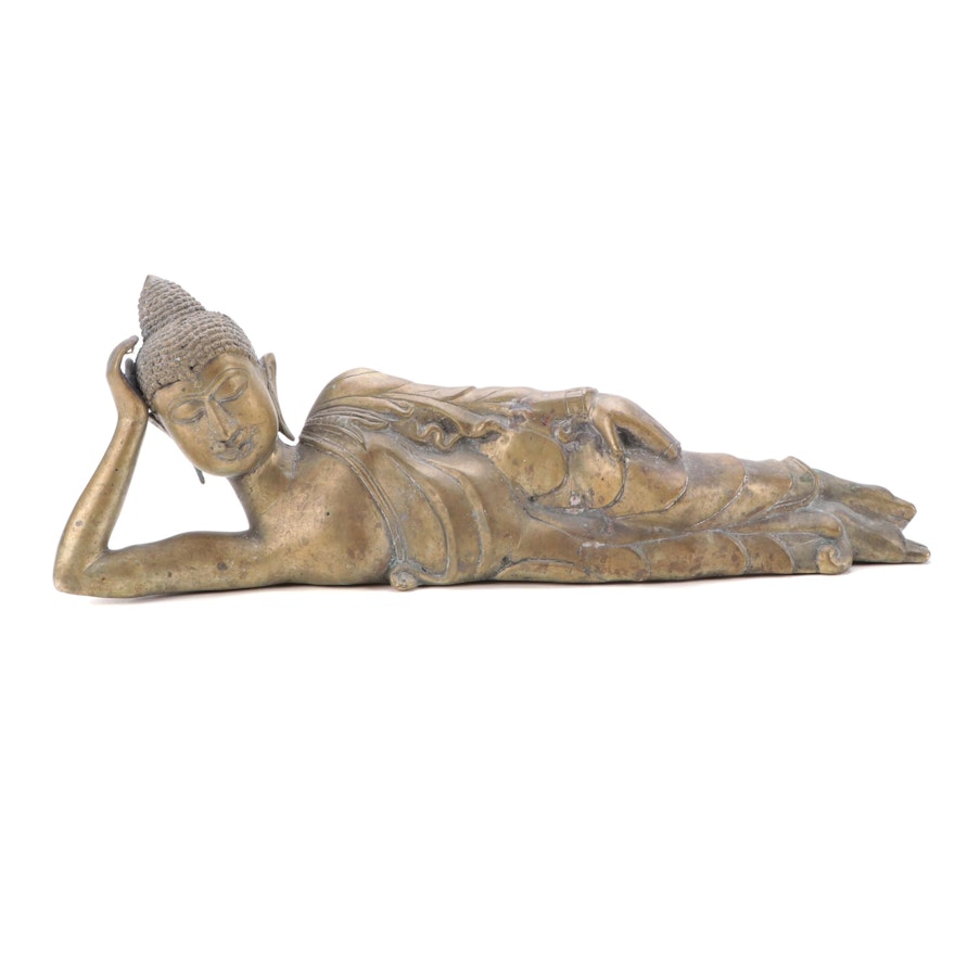 Southeast Asian Brass Reclining Buddha Figure