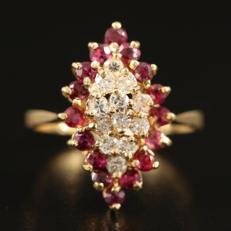 14K Diamond and Ruby Navette Ring