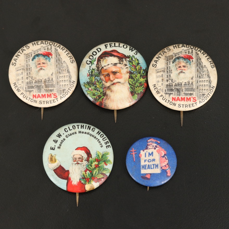 Whitehead & Hoag Santa Claus Christmas Celluloid Pinbacks, Early 20th C.