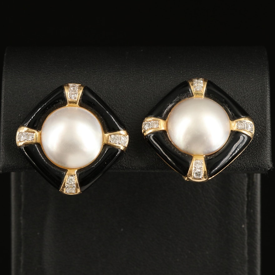 14K Pearl, Black Onyx and Diamond Button Earrings