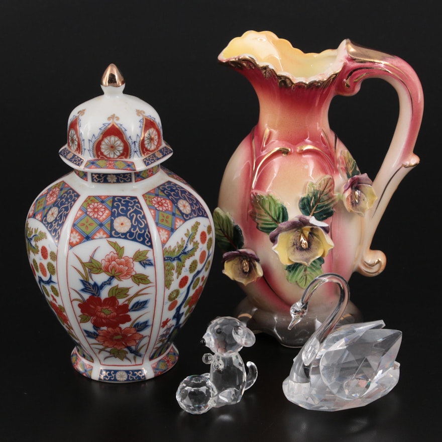 Japanese Porcelain Lidded Jar with Pitcher and Crystal Figurines