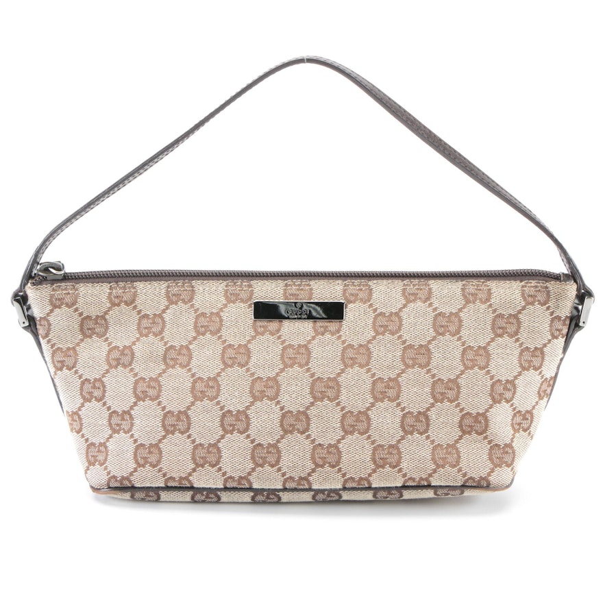 Gucci Small Shoulder Bag in GG Canvas and Brown Leather