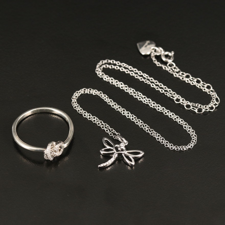 Sterling Diamond Knot Ring and Cubic Zirconia Dragonfly Necklace