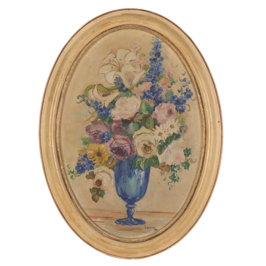 Still Life Oil Painting of Flowers in Blue Glass Vase, 1939