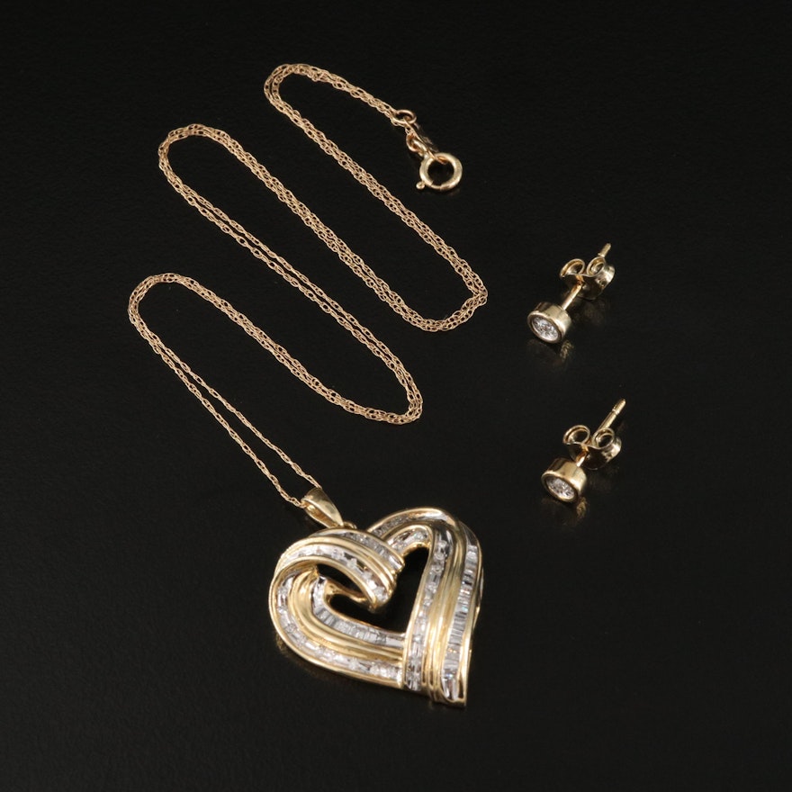 10K Diamond Heart Pendant Necklace with Sterling Stud Earrings