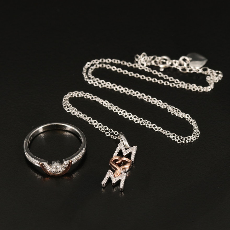 Sterling and 10K Diamond and Cubic Zirconia Ring and "MOM" Pendant Necklace