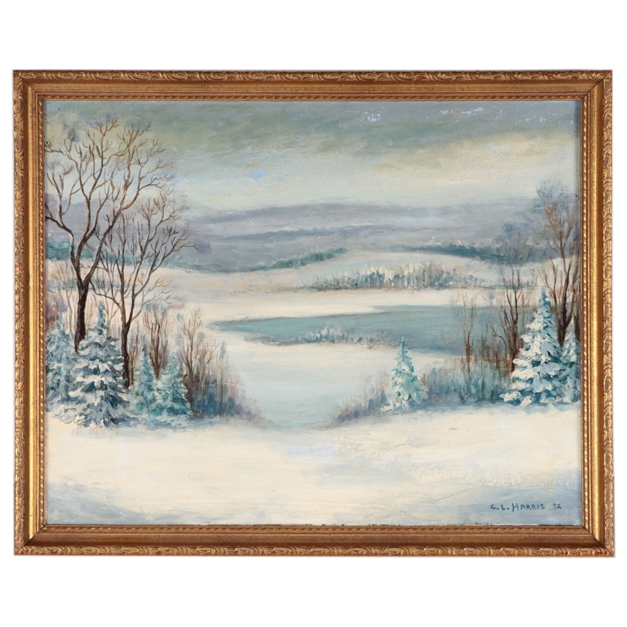 C. L. Harris Snowy Landscape Oil Painting, 1072