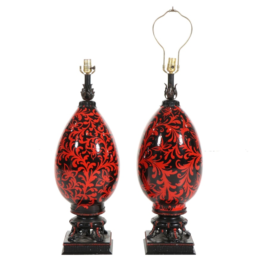 Handcrafted Red and Black Ceramic and Spelter Table Lamps, Mid-20th Century