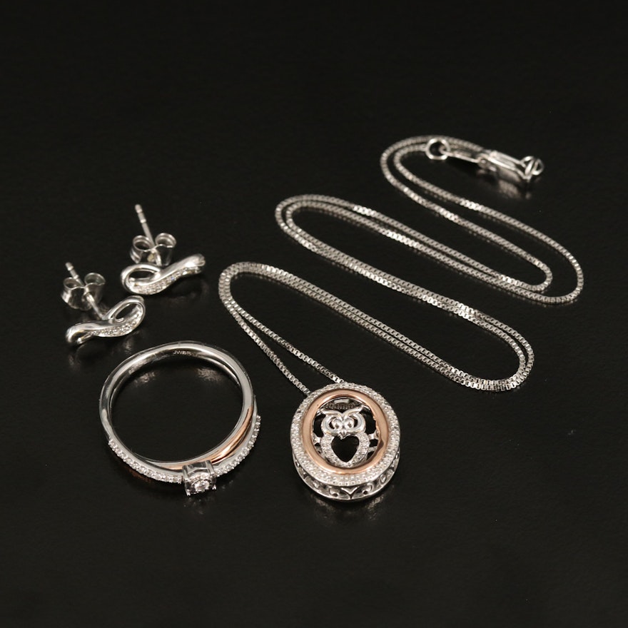 Sterling Ring, Earrings and Fluttering Owl Necklace Including Diamonds