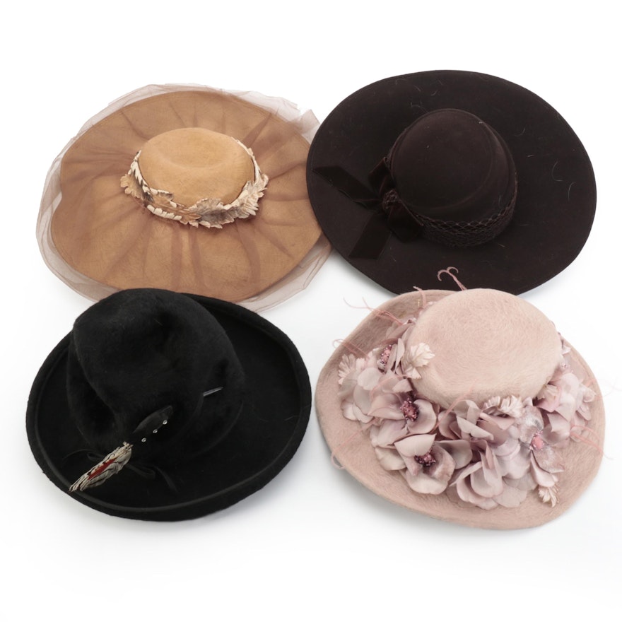 Wide-Brim, Black Embellished Felt, Pink Embellished Felt, and Brown Felt Hats