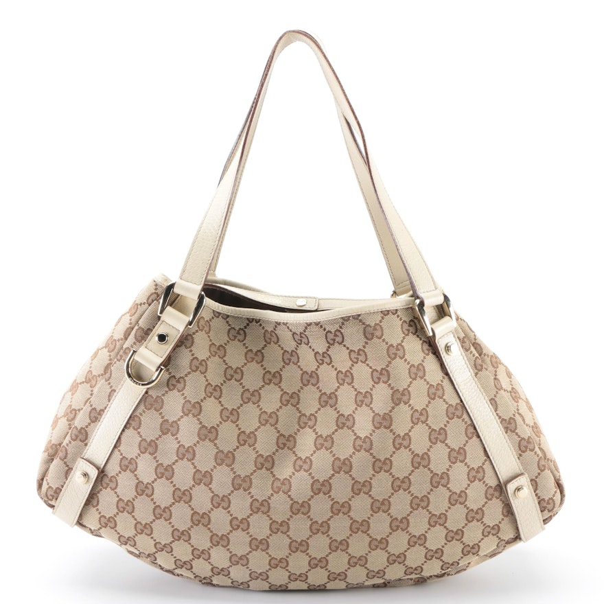 Gucci Hobo Tote Bag in GG Canvas with White Leather Trim