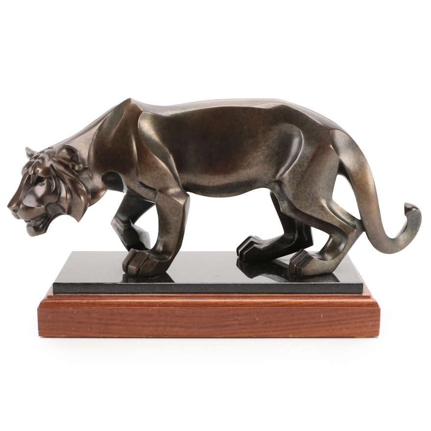 Bronze Tiger on Wooden Stand Figurine