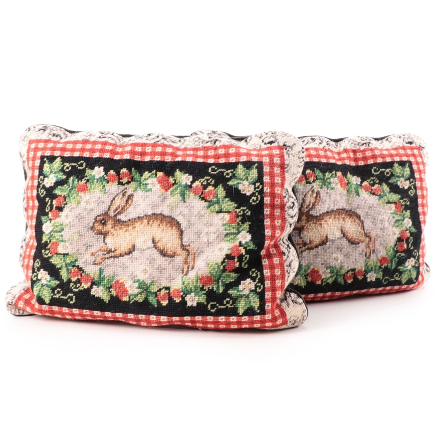 Pair of Needlepoint Accent Pillows with Rabbit and Strawberry Design