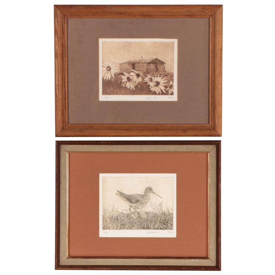 Bill Renc Etchings With Aquatint "Dawn Sky" and "Greenshanks"