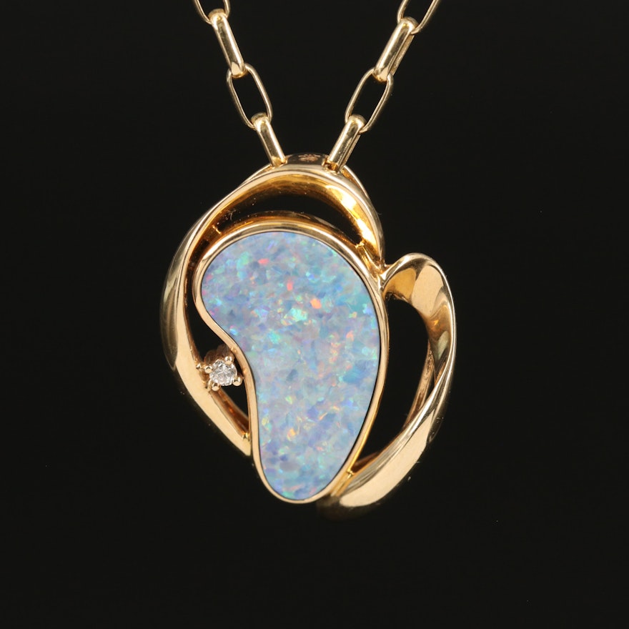 14K Opal Doublet and Diamond Freeform Pendant Necklace