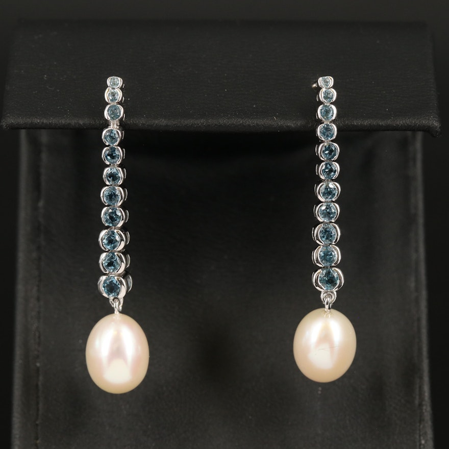 Sterling Pearl and Graduated Topaz Earrings