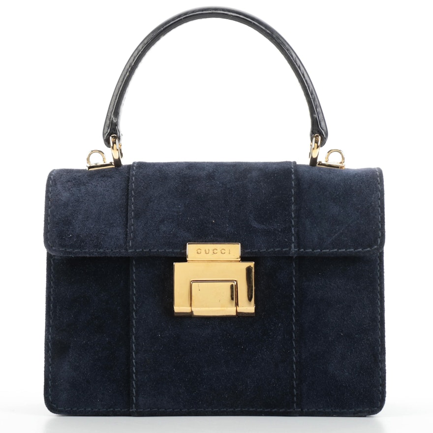 Gucci Top Handle Bag in Navy Suede and Leather