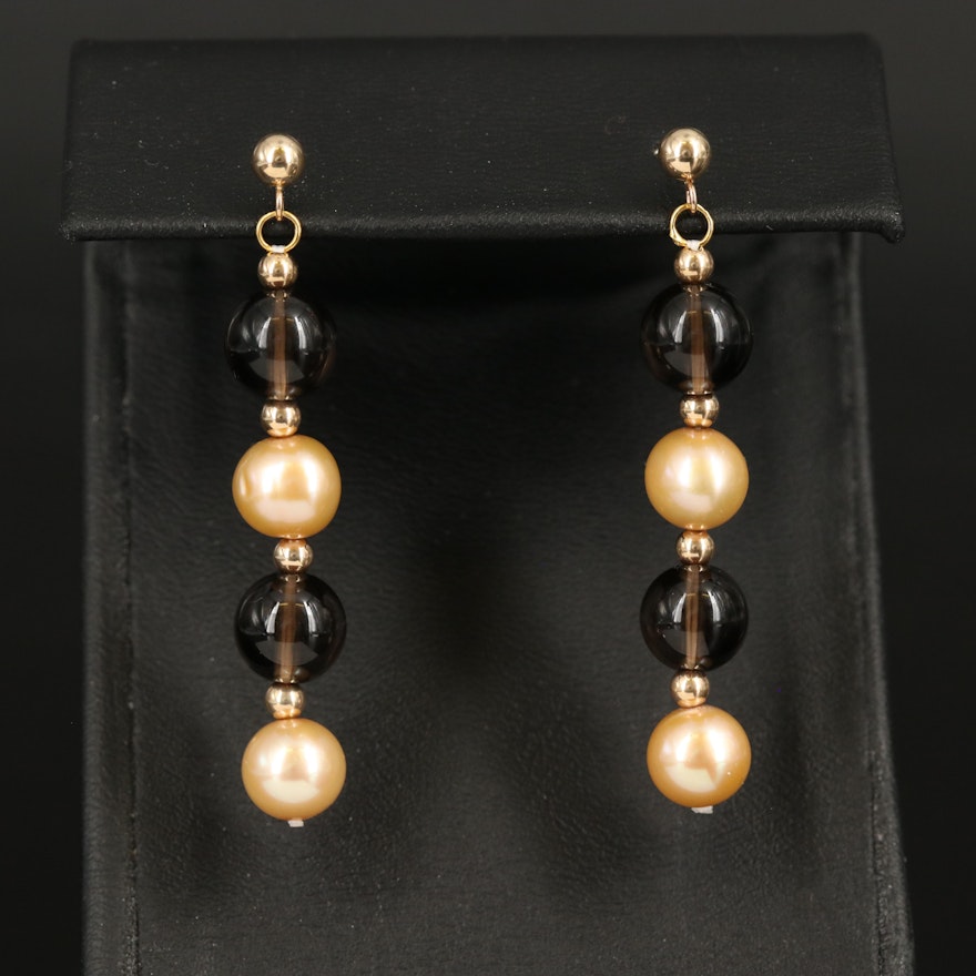 14K Smoky Quartz and Pearl Earrings