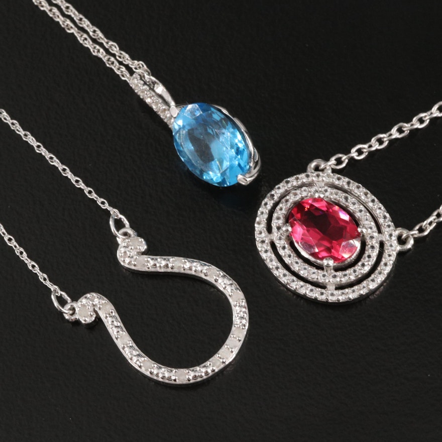 Sterling Pendant Necklaces with Diamond and Swiss Blue and White Topaz