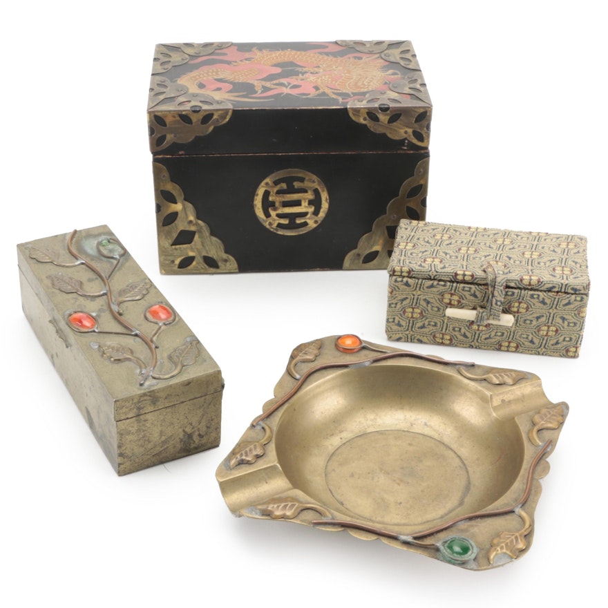 Japanese Lacquerware Card Case, Soapstone Seal, Brass Ashtray and Cigarette Box