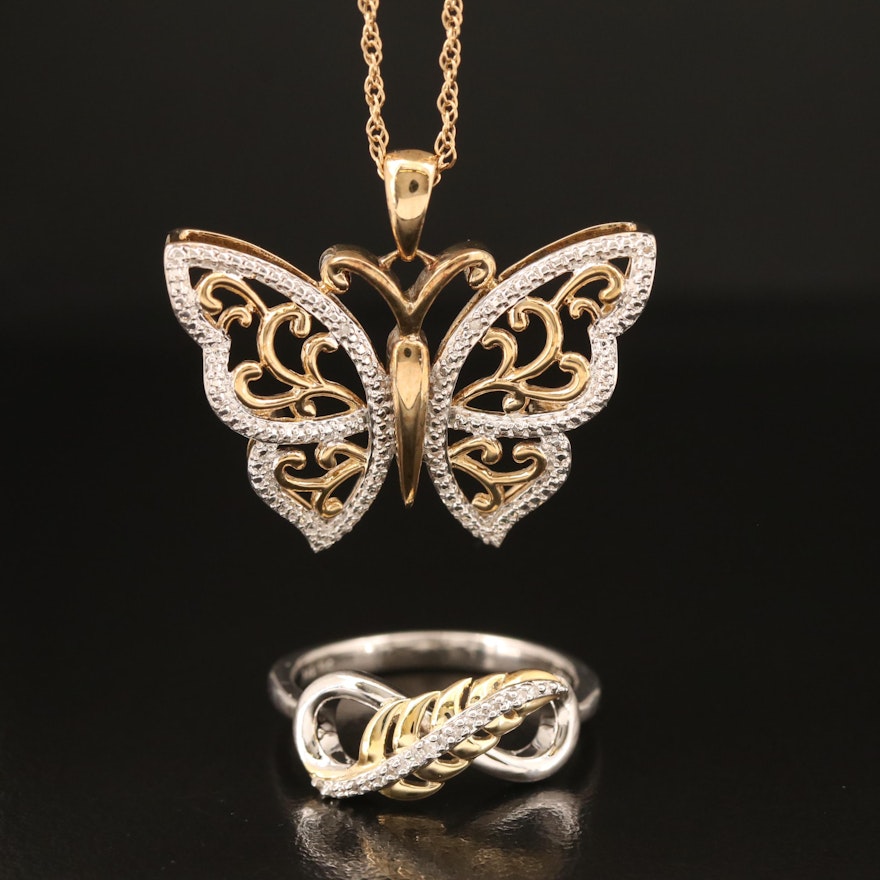 Sterling Diamond Leaf Ring and Butterfly Necklace