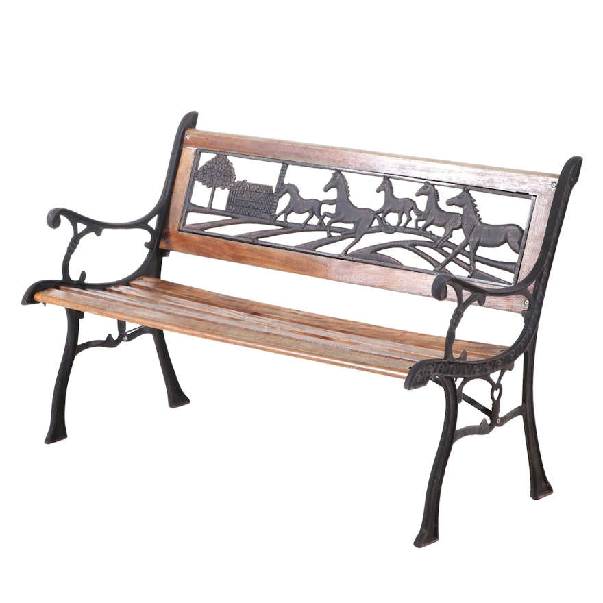 Equestrian Themed Wrought Iron and Wood Garden Bench