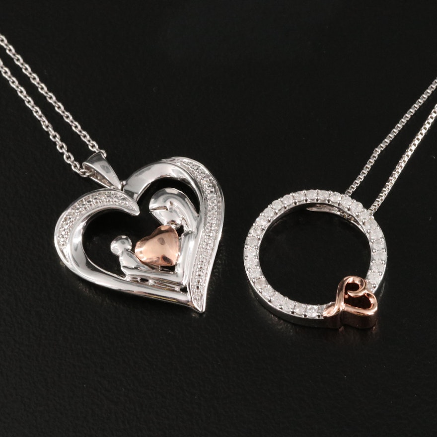 Sterling and 10K Diamond Double Heart and Eternity Circle Pendant Necklaces