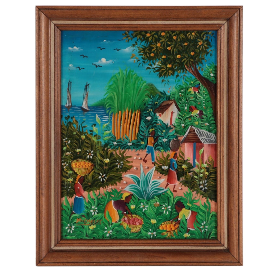 Macenat Michelet Haitian Folk Art Acrylic Painting of Harvest Scene