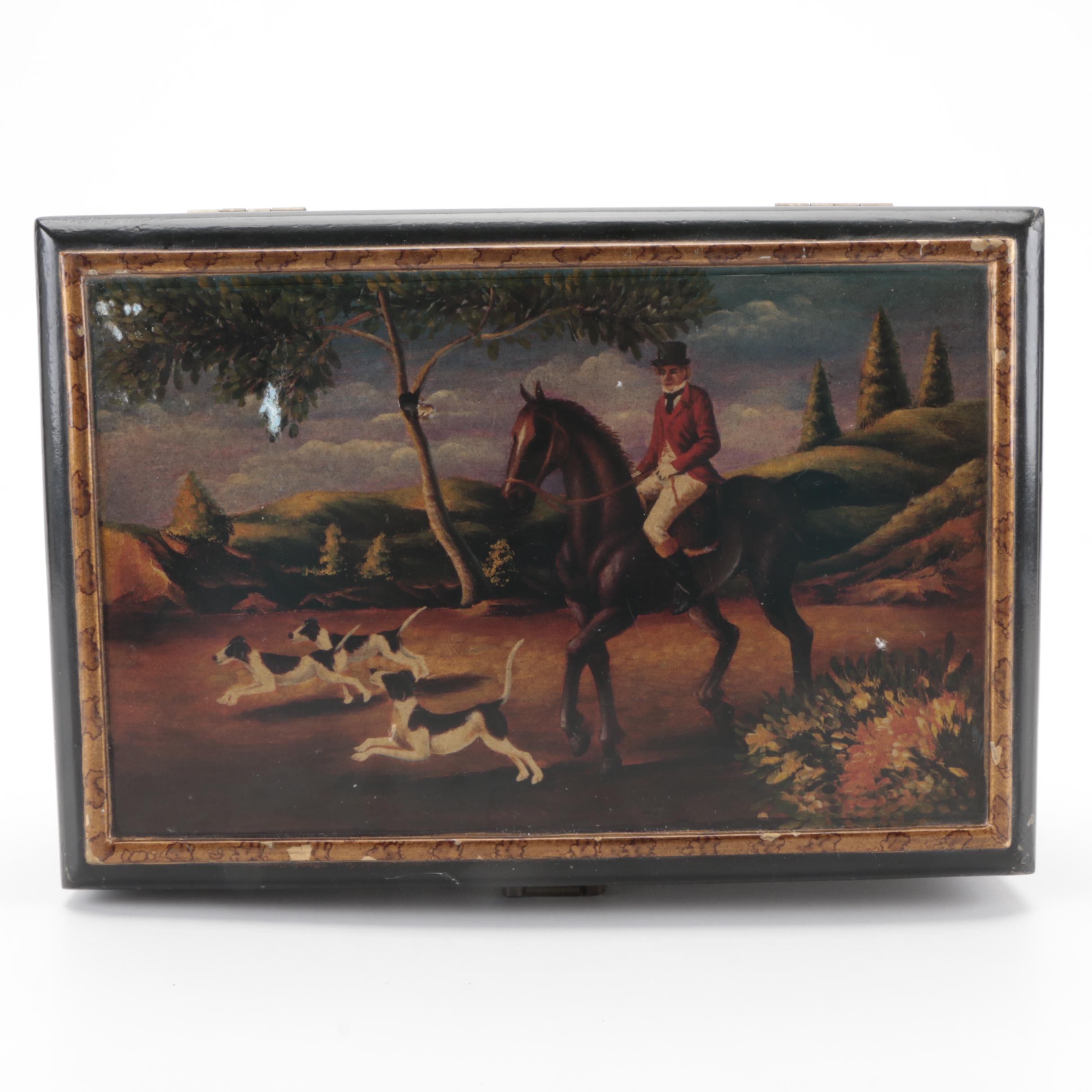 Enameled Hinged Lid Box with English Fox Hunting Scene