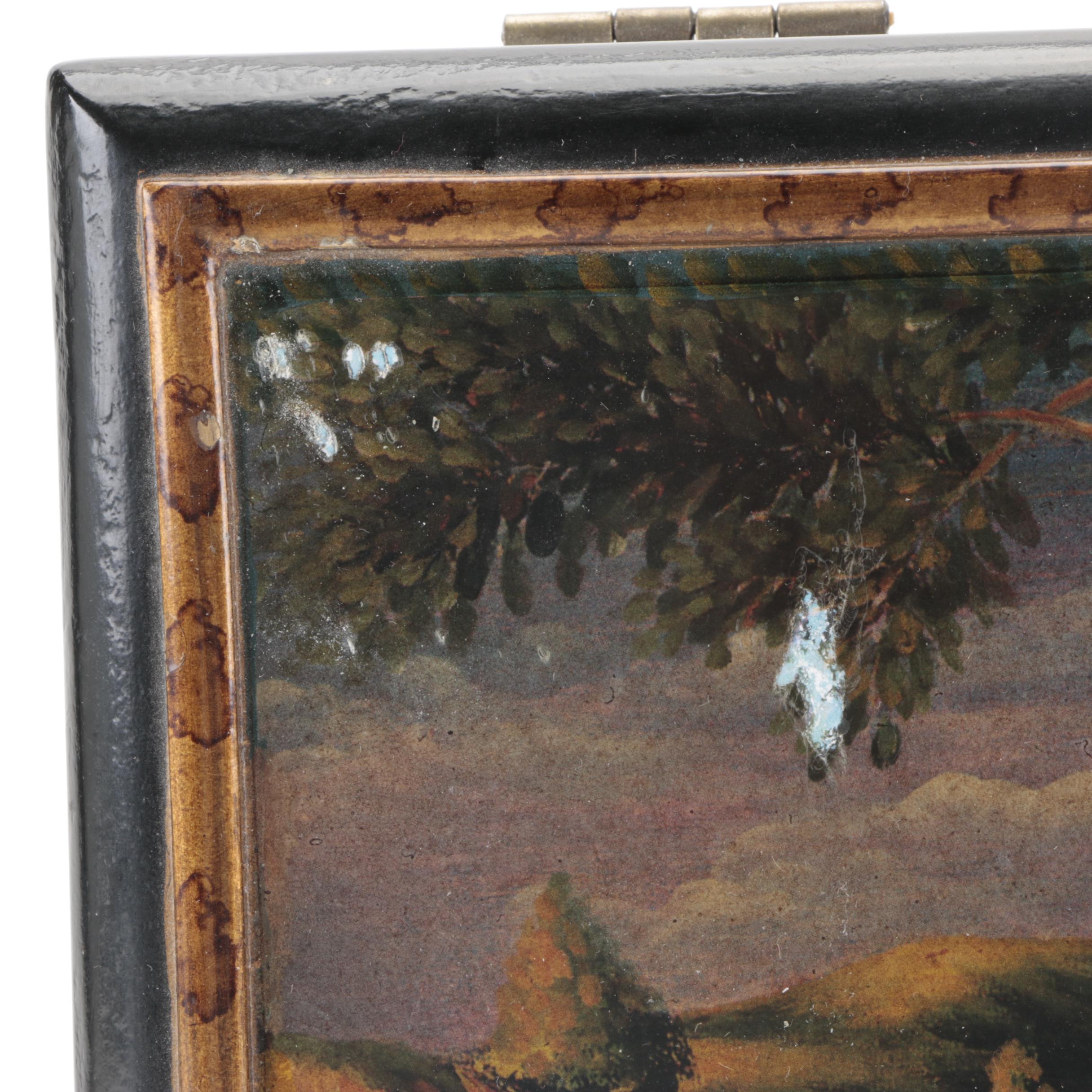 Enameled Hinged Lid Box with English Fox Hunting Scene