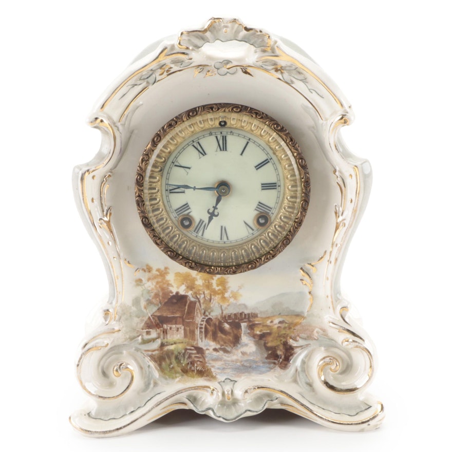 Ansonia Clock Co. "La Montan" Royal Bonn Ceramic Case Mantel Clock