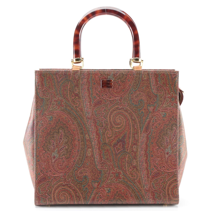 Etro Shopper Tote in Paisley Coated Canvas & Leather Trim with Detachable Strap