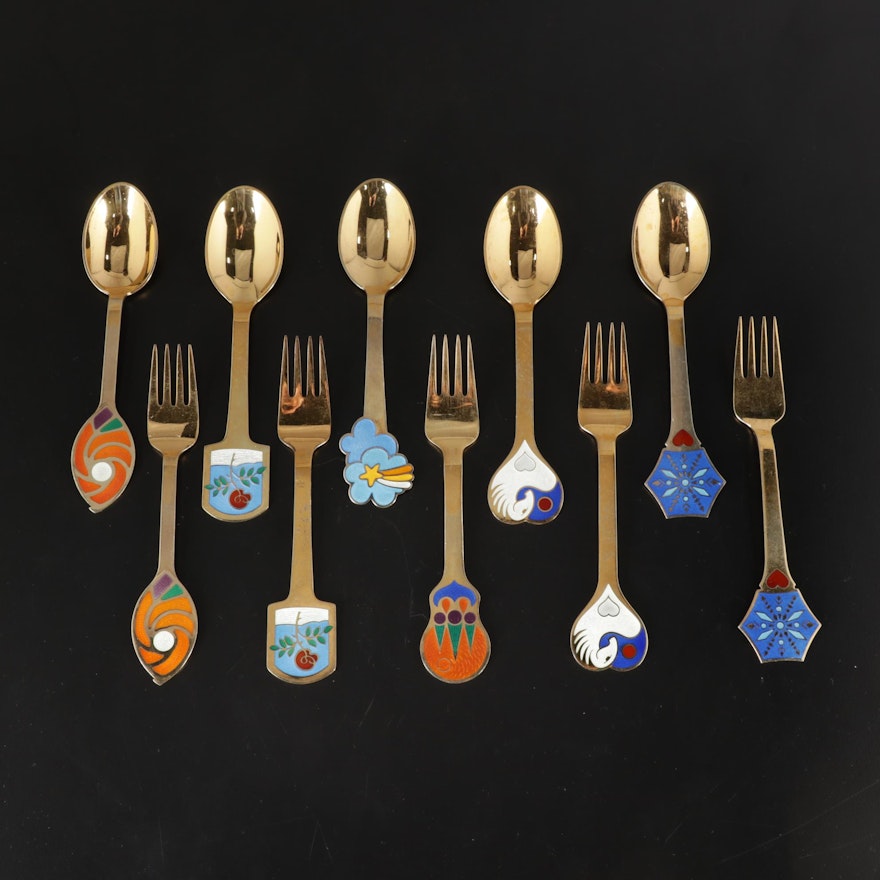 Anton Michelsen Danish Enameled Gold Wash Fork and Spoon Sets